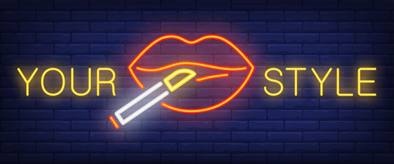 Wall Mural - Your style neon sign. Woman lips with cigarette on brick wall background. Vector illustration in neon style for female cigarette retail