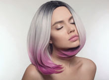 Ombre Bob Short Hairstyle. Beautiful Hair Coloring Woman. Trendy Haircuts. Blond Model With Short Shiny Hairstyle. Concept Coloring Hair. Beauty Salon.