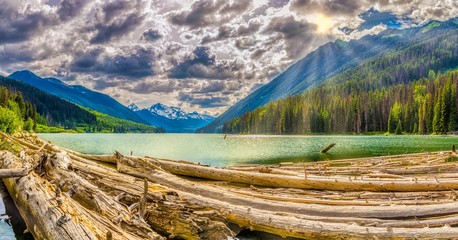 Wall Mural - Evening panoramic view at the Mount Rhor mountain from Duffey lake Provincial Park in British Columbia - Canada