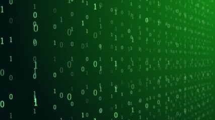 Wall Mural - motion graphics animation of illuminated green binary code falling down in digital space