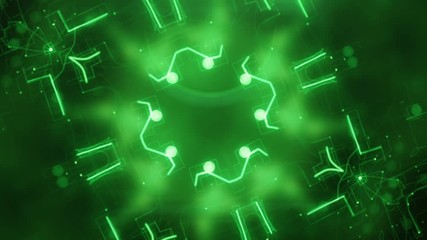Wall Mural - 3d motion graphics animation with zoom out: futuristic symmetrical pattern of green dots and lines a