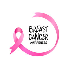 Pink ribbon curve in breast shape. Breast Cancer Awareness Month Campaign. Icon design. Vector illustration isolated on white background.