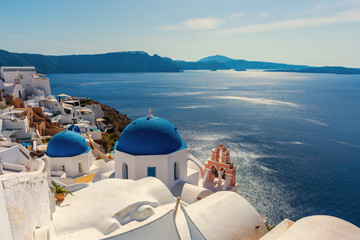 Santorini, Greece. Picturesque view of traditional cycladic Santorini's church on cliff