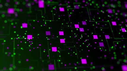 Wall Mural - abstract technological background of purple squares, green particles and lines flickering and appear