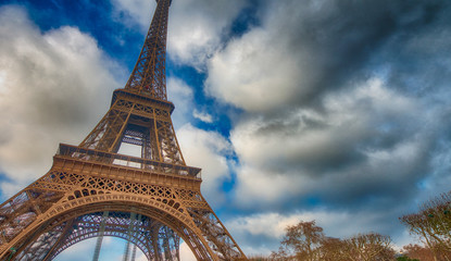 The Eiffel Tower, skyward view on a sunny winter day