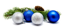 Christmas Decoration Blue And Silver Balls With Fir Cones And Fir Tree Branches Isolated