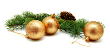 Christmas Decoration Golden Yellow Balls With Fir Cones And Fir Tree Branches Isolated
