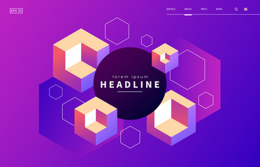 Poster - Abstract colorful web background. 3d Geometric shapes on gradient background. Minimal banner with isometric cubes and place for text. Use for party flyer, conference invite, ad, landing page.