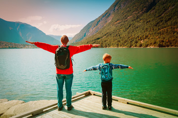 family travel concept- father and son travel in nature