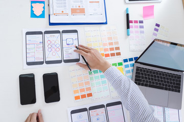 Wall Mural - creative ux designer designing screens for mobile responsive website development with ui/ux. develop