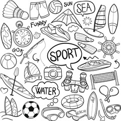 Wall Mural - Sea Water Sports Traditional Doodle Icons Sketch Hand Made Design Vector