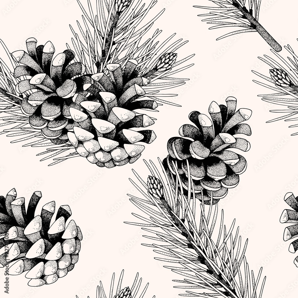 Seamless pattern with pine cones and branches - obrazy, fototapety, plakaty 