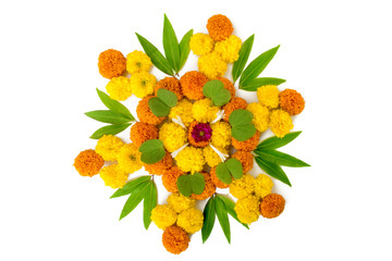 Dashera Festival apta leaf with marigold flower rangoli