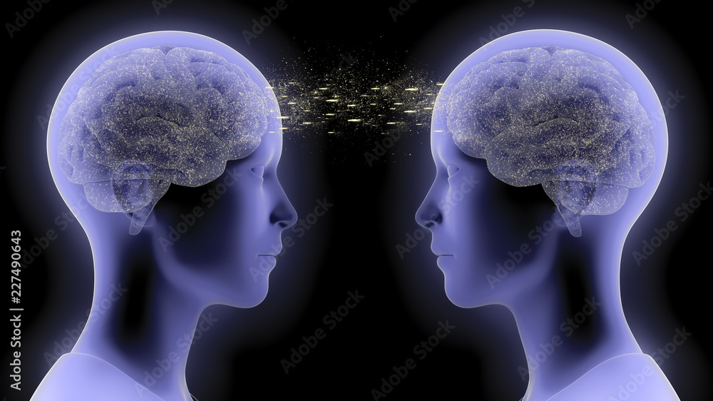 3D rendered illustration of two people communicating by telepathy, exchanging thoughts and information from brain to brain  - obrazy, fototapety, plakaty 