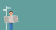 © TenWit - Flat illustrated man reading a map next to a sign post - perfect for a 'How to Find Us' section background