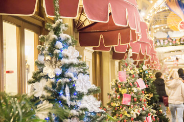 Christmas tree background and Christmas decor. Many different fir trees in the mall,decoration of a restaurant