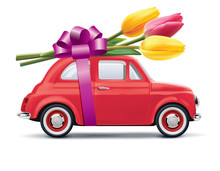 Retro Car With Tulips Isolated On White. Realistic Vector 3d Illustration