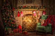 Traditional Christmas Room, Fireplace, Armchair And Christmas Tree