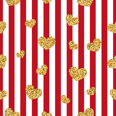 Wall Mural - gold heart seamless pattern. red-white geometric stripes, golden confetti-hearts. symbol of love, va