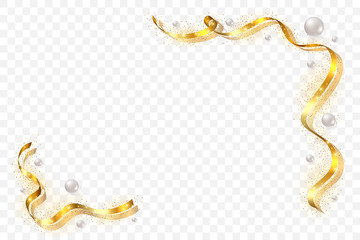 Gold ribbon frame. Golden serpentine design. Decorative streamer border, isolated transparent white background. Decoration for Christmas, carnival, holiday celebration, birthday. Vector illustration