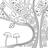 Fototapeta Psy - Vector black and white hand drawn illustration of psychedelic abstract tree, flowers, leaves, dots, mushrooms, background Decorative artistic creative picture, line drawing. Picture for coloring