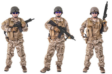 Wall Mural - Set of military soldiers in camouflage clothes, isolated on white background. Ready for action.