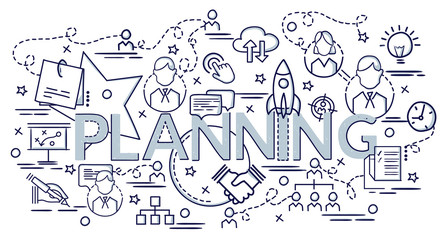  Flat colorful design concept for Planning. Infographic idea of making creative products..Template for website banner, flyer and poster. Hand drawn doodle cartoon vector illustration.