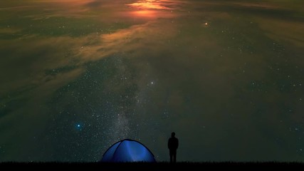 Wall Mural - The male near a camping tent standing on stars background. time lapse