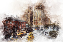 Watercolor - Apartments Building In New York City And Street