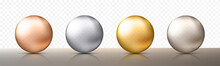 Four Realistic Transparent Spheres Or Balls In Different Shades Of Metallic Gold And Silver Color. Vector Illustration Eps10