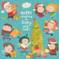 Wall Mural - Happy cartoon children with Christmas decor. Merry Christmas