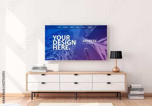Smart Tv Hanging On Wall In Living Room Mockup This Stock Smart Tv Hanging On Wall In Living Room Mockup