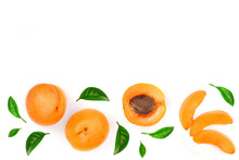 Apricot Fruits With Leaves Isolated On White Background With Copy Space For Your Text. Top View. Flat Lay Pattern