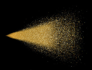 Wall Mural - gold glitter spray on black background. glowing drops in motion. golden magic star dust. light parti