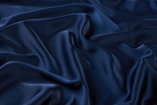 Dark Blue Silk Fabric Background, View From Above. Smooth Elegant Blue Silk Or Satin Luxury Cloth Texture Can Use As Abstract Background With Copy Space, Close-up 