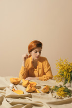 Stylish Ginger Female In Yellow Outfit And Set Up.