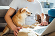 © MaaHoo/Stocksy - Man using laptop with dog