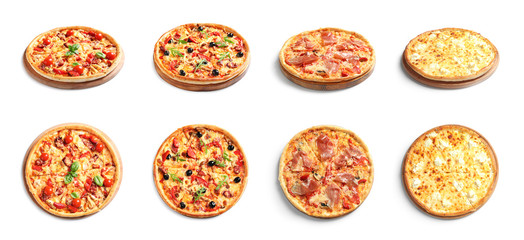 Wall Mural - Set with different delicious pizzas on white background