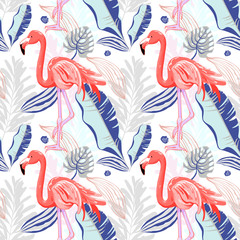 Poster - hand drawing seamless pattern with pink flamingo and tropical le