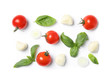 © New Africa - Fresh green basil leaves, cherry tomatoes and mozzarella on white background, top view
