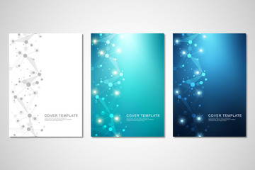 Wall Mural - Vector template for brochure or cover with molecular structure background and connected lines and dots. Medicine, science and digital technology concept.