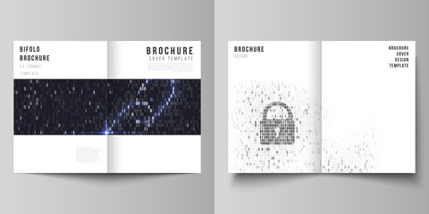 Vector layout of two A4 format modern cover mockups design templates for bifold brochure, flyer, booklet. Binary code background. AI, big data, coding or hacker concept, digital technology background.