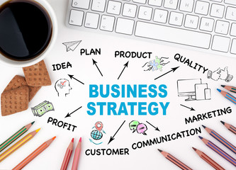 Canvas Print - Business strategy, investment Concept. Chart with keywords and icons. White office desk