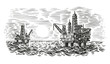 Offshore oil rig engraving style illustration. Sea oil drilling. Vector. 