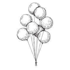 Wall Mural - Group of balloons on a string. Hand drawn, isolated on a white b