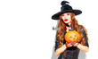© Subbotina Anna - Halloween. Sexy witch with bright holiday makeup. Beautiful young woman posing in witches costume with pumpkin lantern over white background