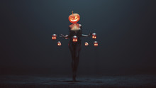 Sexy Pumpkin Head Devil Woman With Floating Skulls In A Foggy Void 3d Illustration 3d Render