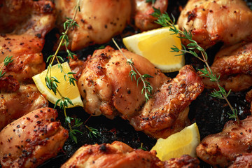 Wall Mural - Roasted boneless skinless chicken thighs in lemon and thyme dressing served in vintage cast iron skillet, frying pan