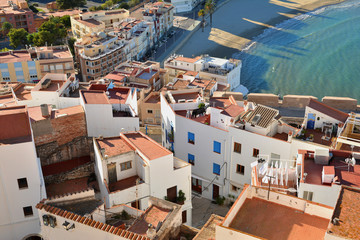 Sticker - Aerial view of Peninsula town with harbour and marina , Costa del Azahar, province of Castellon, Valencian Community. Peniscola is a popular tourist destination in Spain. View from the castle. 