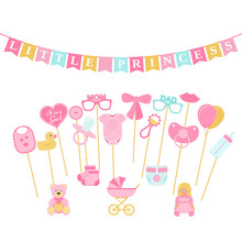 Baby Shower Photo Props, Booth On Sticks. Vector. Birth Reveal Party For Baby Girl. Pink Speech Bubble, Flags For Newborn, Parents Photobooth Set Bib, Bodysuit, Bottle, Nipple, Stroller, Rattle, Duck